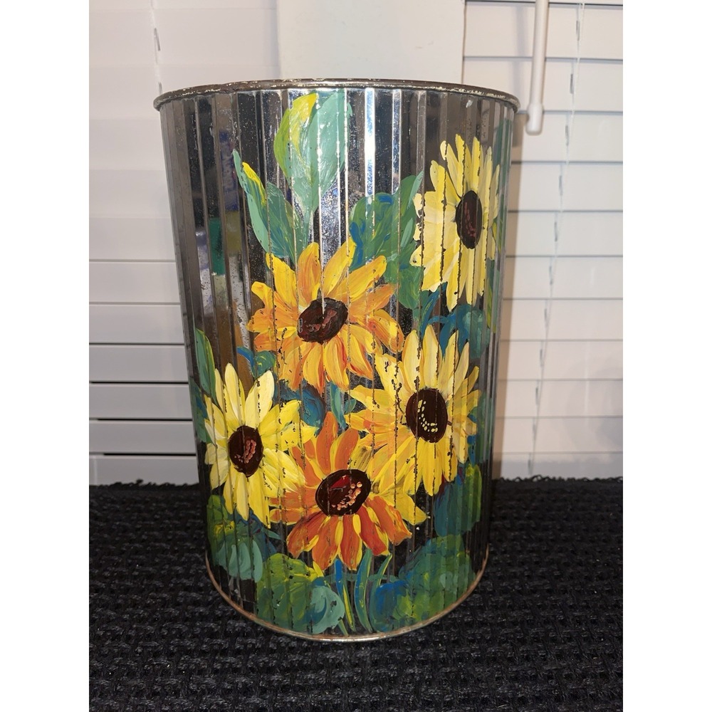 Vintage Hand Painted Tin/metal Trash Can Sunflowers Original Art